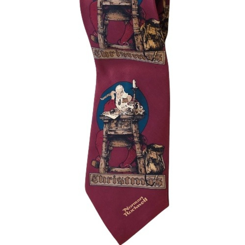 Norman‎ Rockwell Christmas Tie Mens Burgundy Silk Santa Claus Retro Nostalgic